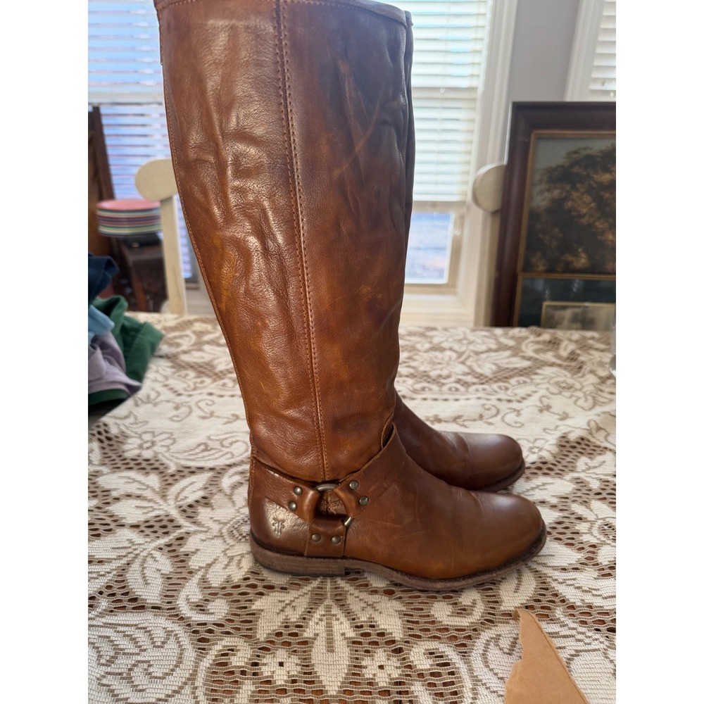 Frye Melissa Harness Back Zip Cognac Leather Riding Boots Womens 7 B 76850